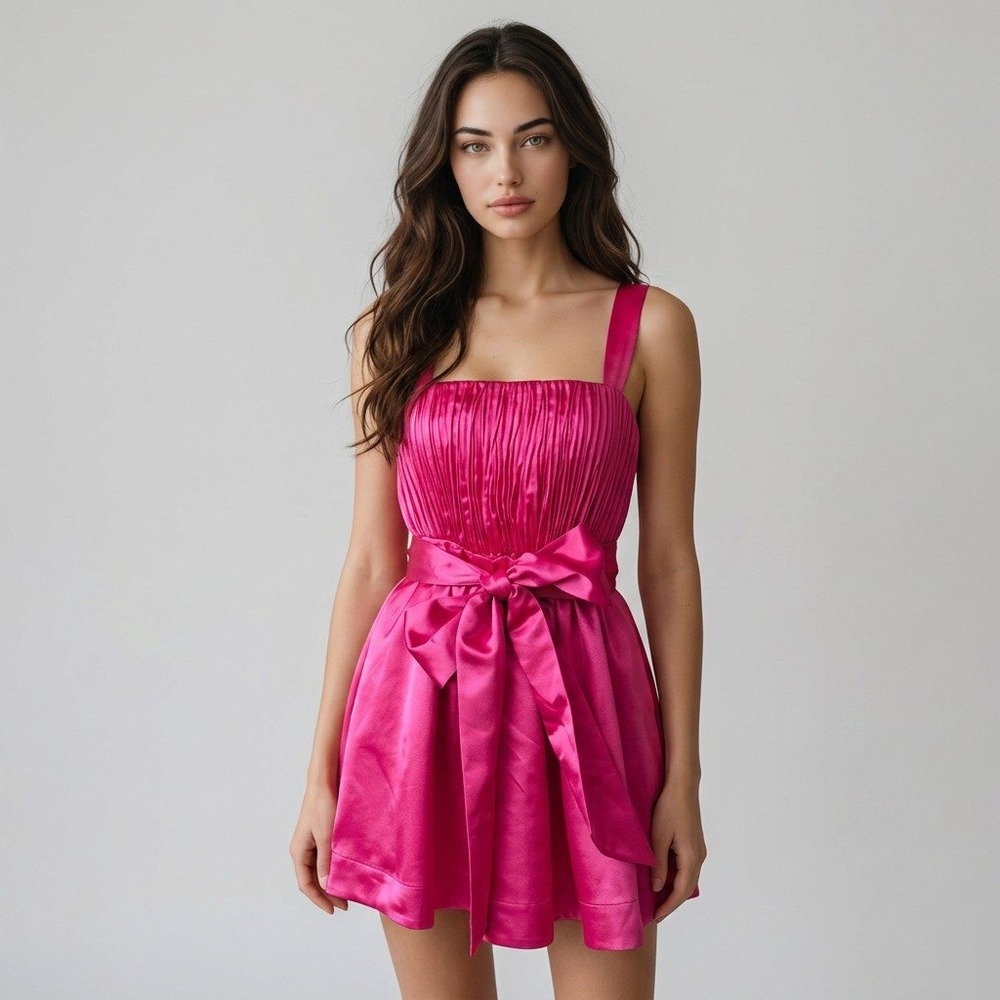 Maeve Anthropologie Hot Pink Satin Mini Dress Bow Waist Smocked Back Size 4 NEW